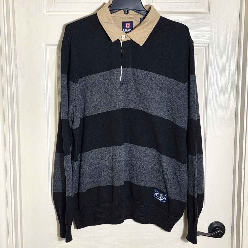 Chaps Rugby Long Sleeve Knit Sweater Men's XL Striped Black Grey NWT CM35SE129K